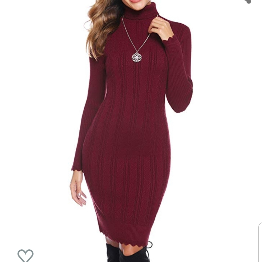 Long sleeve calf length turtleneck sweater dress